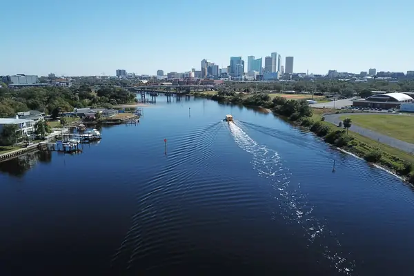 River and downtown skyline from the air